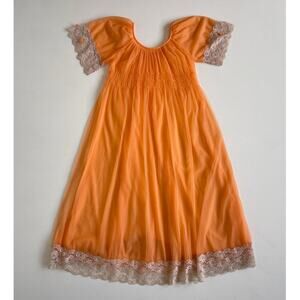 Vtg 60's Janelle of California Orange Sheer Chiffon Baby Doll Night Gown Lace